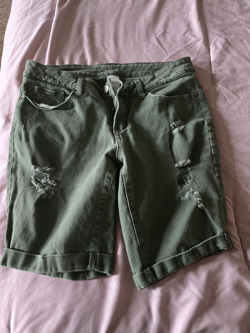 Time and Tru Green Distressed Bermuda Shorts
